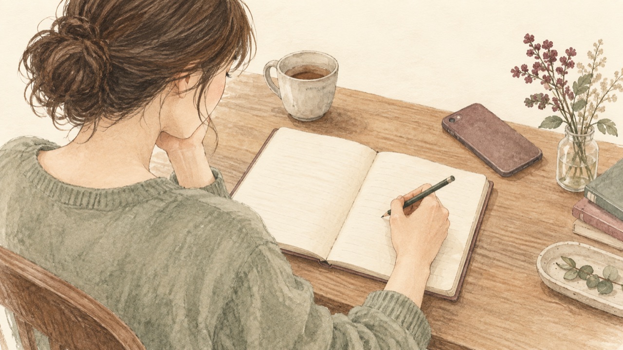 ノートに一つの約束を書き出す女性を描いた淡彩のイメージイラスト。