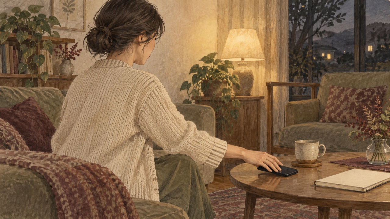 夜の部屋でスマートフォンを机に伏せ、返事を決める前に手を止める女性の淡彩のイメージイラスト。