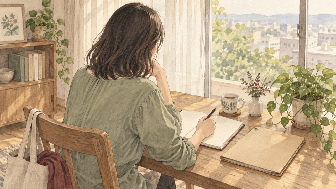 窓辺の机で、空欄の手帳に自分の予定を考えて書く女性を描いた淡彩のイメージイラスト。